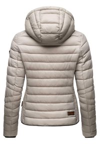 Light beige puffer jacket with a hood, featuring quilted texture, vertical seams, and a small brown label near the hem.