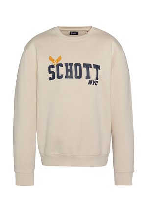 Beige sweatshirt med lange ærmer og rund hals. Præget med "SCHOTT" logo i marineblå og gul. Blødt bomuldsstof, ribstrikkede manchetter og søm.