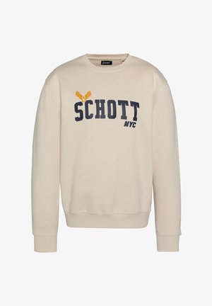 Felpa beige con maniche lunghe e scollatura a girocollo. Presenta il logo "SCHOTT" in blu navy e giallo. Tessuto in morbido cotone, con polsini e orlo a costine.