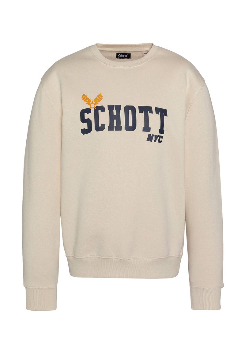 Felpa beige con maniche lunghe e scollatura a girocollo. Presenta il logo "SCHOTT" in blu navy e giallo. Tessuto in morbido cotone, con polsini e orlo a costine.