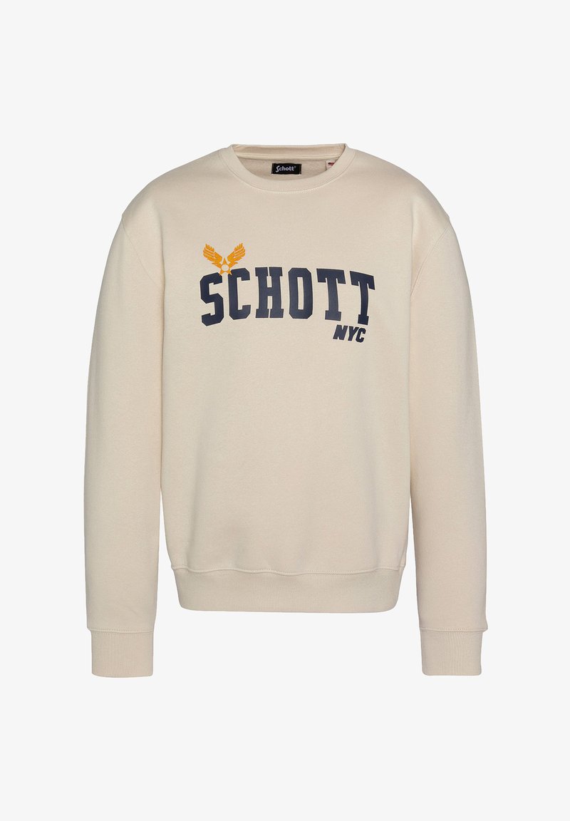 Felpa beige con maniche lunghe e scollatura a girocollo. Presenta il logo "SCHOTT" in blu navy e giallo. Tessuto in morbido cotone, con polsini e orlo a costine.