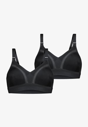 Czarne sportowe biustonosze o bezszwowej konstrukcji, dekolcie w kształcie litery V, teksturowanych zdobieniach na biuście oraz regulowanych ramiączkach.