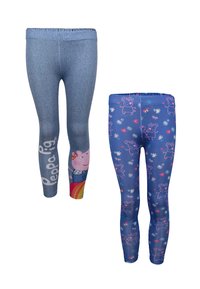 Dos pares de leggings infantiles: uno azul con el personaje y logotipo de Peppa Pig, y el otro azul oscuro con un patrón de Peppa Pig en rosa y flores coloridas.