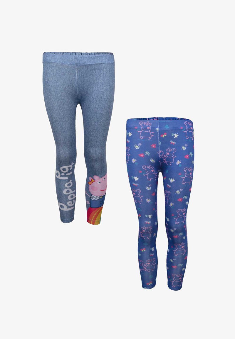 Dos pares de leggings infantiles: uno azul con el personaje y logotipo de Peppa Pig, y el otro azul oscuro con un patrón de Peppa Pig en rosa y flores coloridas.