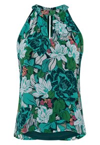 Haut sans manches à motif floral dans des tons turquoise et vert, avec un décolleté licou et un détail discret en forme de goutte à l'avant.