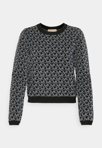 Maglione nero con un motivo geometrico in grigio chiaro. Collo a girocollo e polsini a coste neri a contrasto. Tessuto morbido a maglia con un taglio corto.