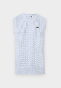 Ανοιχτό μπλε αμάνικη πλεκτή μπλούζα με V-λαιμόκοψη και μικρό πράσινο κεντητό λογότυπο κροκόδειλου Lacoste στο αριστερό στήθος.