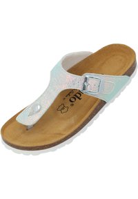 Thonged sandal with iridescent synthetic upper, adjustable silver buckle, cork footbed, and white rubber sole. Light brown suede texture inside.