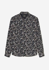 Camisa negra de manga larga con un patrón repetido de copas de cóctel en blanco y rojo. Tejido suave con cuello clásico y cierre de botones en el frente.