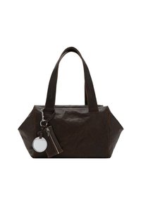 Donkerbruine leren tote bag met brede handvatten, trapeziumvorm, en twee bevestigde ritstasjes met een ronde spiegelaccessoire.