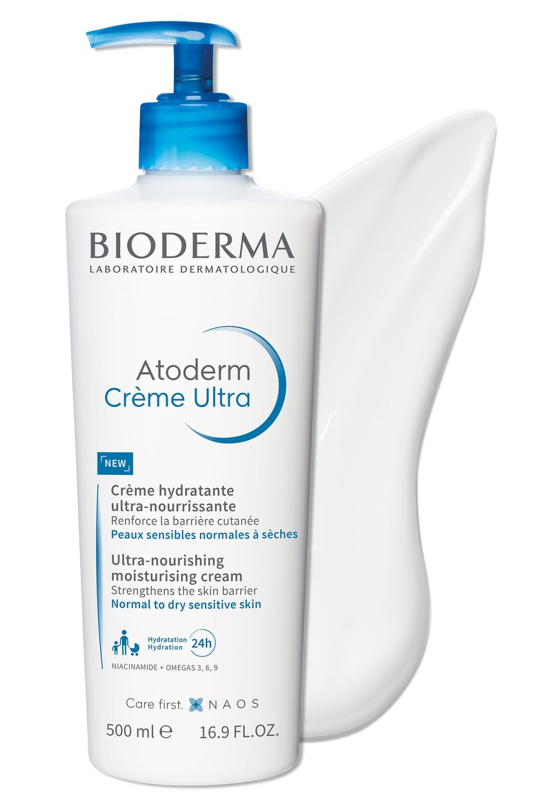 Bioderma Atoderm Crème Ultra dans un flacon en plastique opaque blanc avec une pompe bleue, étiquetée pour les peaux sensibles normales à sèches, 500 ml.