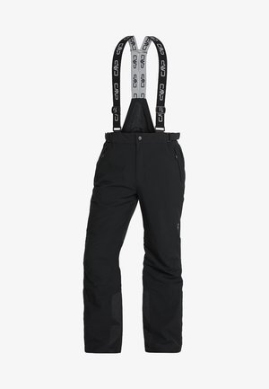 Pantalones de nieve negros con tirantes ajustables, bolsillos con cremallera y tobillos reforzados. Hechos de material impermeable con una textura suave.