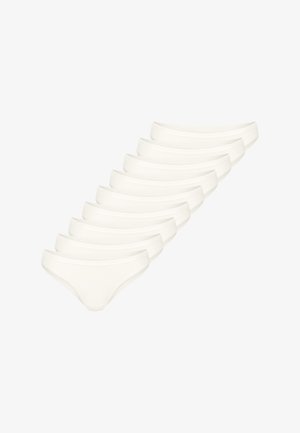 Ensemble de dix culottes bikini blanches en coton, présentant une texture lisse et une taille basse.