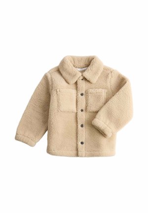 Giacca beige in pile sherpa con maniche lunghe, collo a risvolto, bottoni a pressione frontali e due tasche applicate sul petto.
