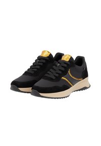 Black sneakers with a mix of suede and fabric, featuring gold accents, grey stitching, and a cream rubber sole. Textured laces and sole.