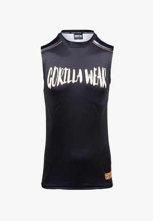 Zwarte mouwloze sportshirt met "GORILLA WEAR" in vetgedrukte witte letters, met een gladde textuur en subtiele stipjespatronen.