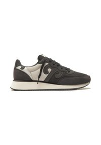 Sneaker atletica nera e grigia con pannelli in suede e sintetico, design con lacci, colletto imbottito e dettagli con cuciture a contrasto.