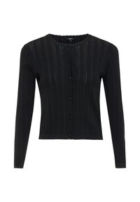 Černý, lehký kardigan s vertikálním žebrováním, dlouhými rukávy, vlnkovým výstřihem a zapínáním na přední knoflíky.