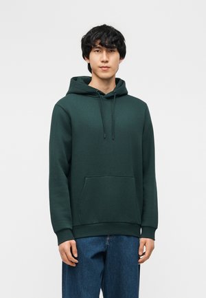 Junger Mann mit schwarzen Haaren, der einen dunkelgrünen Kapuzenpullover und blaue Jeans trägt, steht vor einem einfarbigen hellen Hintergrund.
