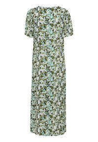 Maxikleid mit floralem Muster in Grün, Blau und Weiß, kurzen Ärmeln, lässigem Schnitt und rundem Ausschnitt.
