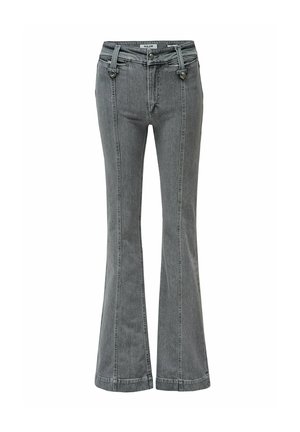 Grijze high-waisted denimspijkerbroek met voornaad, metalen knoopsluiting, riemlussen en licht uitlopende pijpen.