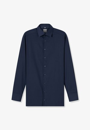 Langärmeliges Hemd aus dunkelblauem Stoff, mit Knopfleiste, weicher Textur und klassischem Kragen mit kleinen Knöpfen.