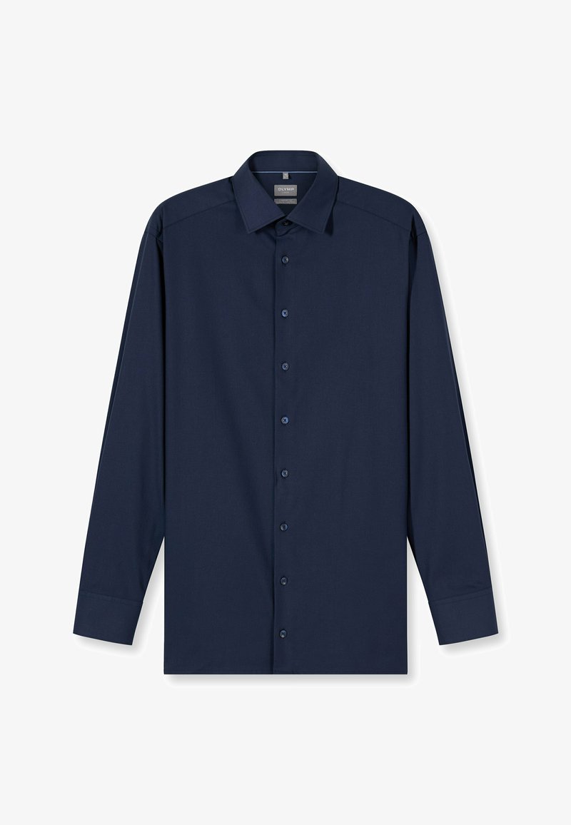 Langärmeliges Hemd aus dunkelblauem Stoff, mit Knopfleiste, weicher Textur und klassischem Kragen mit kleinen Knöpfen.