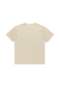 Beige tričko s krátkým rukávem a kulatým výstřihem. Měkká, hladká textura a jednoduchý, jednobarevný design bez viditelných vzorů nebo doplňků.