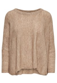 Béžový oversize svetr s širokým výstřihem, ribbovanou texturou a spadlými ramenními švy. Měkká, pohodlná pletenina, ležérní design.