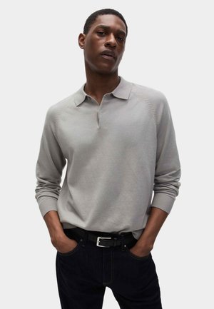 Lichtgrijze langemouw polo met een kraag en raglanmouwen. Geribbelde manchetten en een gladde, geweven stof. Gestyled met een donkere jeans.