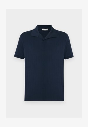 Navy blue polo shirt with a ribbed texture, short sleeves, and a flat collar. Features a straight hem and clean, minimalist design.