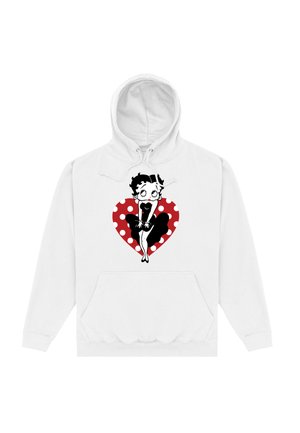Hvid hættejakke med en frontlomme, prydet med en sort-hvid tegneserie pige over et rødt hjerte med hvide prikker.