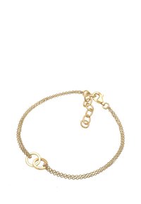 Guldarmband med två hopkopplade cirklar, en delikat nätdesign och ett fäste med en justerbar kedja.