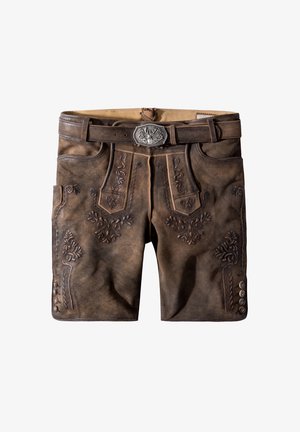 Bruine leren shorts met intrigerende bloemenembossing. Voorzien van een zilveren riemgesp en metalen knopen, wat de traditionele ambacht benadrukt.