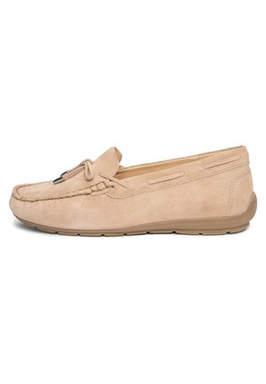Beige suede loafer with moccasin stitching, leather lace detail, and rubber sole, shown from the side on a white background.
