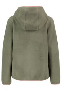 Olijfgroene fleecejas met capuchon, lange mouwen en zacht gestructureerde stof, gezien van achteren.