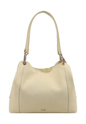 Crèmekleurige leren handtas met afgeronde bovenranden, enkele schouderriem en subtiel metalen logodetail onderaan in het midden.