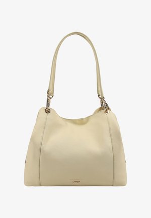 Crèmekleurige leren handtas met afgeronde bovenranden, enkele schouderriem en subtiel metalen logodetail onderaan in het midden.