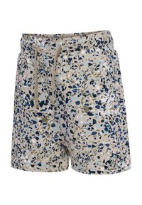 Shorts van een beige stof met een multikleurig gestructureerd patroon van blauw, groen en zwart, voorzien van een tailleband met trekkoord en een logo detail.