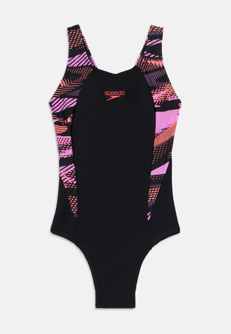 Μαύρο ολόσωμο μαγιό με ροζ και μοβ γεωμετρικά μοτίβα στο πλάι. Διαθέτει λεπτές τιράντες και το λογότυπο Speedo σε κόκκινο χρώμα.
