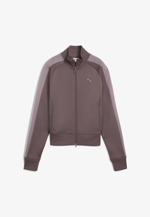 Jachetă sport cu fermoar în culoarea mov pal, cu panouri contrastante pe umeri în mov deschis, tiv striat și logo mic pe piept.