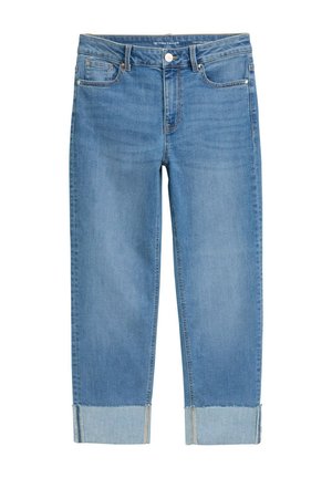 Helle blaue Jeans mit geradem Bein-Design, ausgestattet mit einem Knopfverschluss, fünf Taschen und Säumen mit einem kontrastierenden blauen Saum.