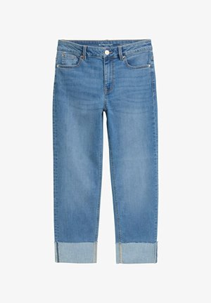 Jeans in denim azzurro chiaro con un design a gamba dritta, dotati di chiusura a bottone, cinque tasche e orli con una bordatura blu a contrasto.