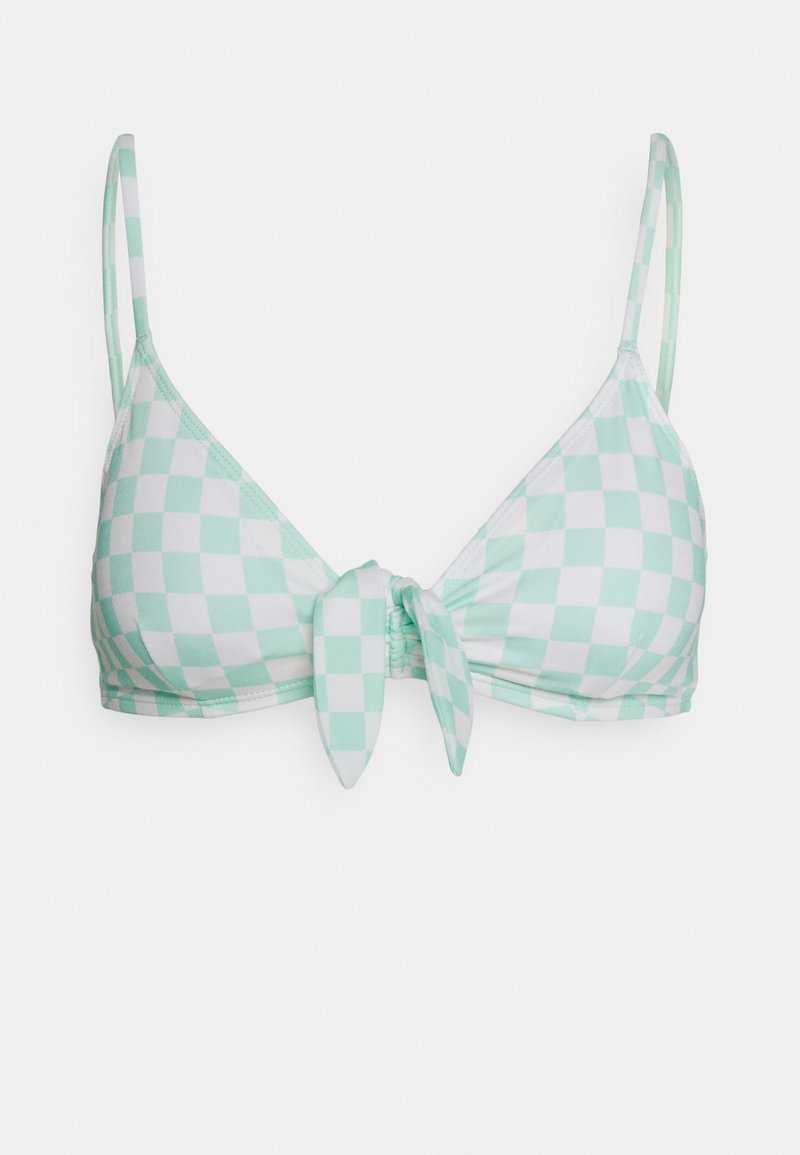 Top de bikini verde-menta com padrão xadrez, alças ajustáveis e detalhe de laço no centro. Textura de tecido suave com formato triangular.