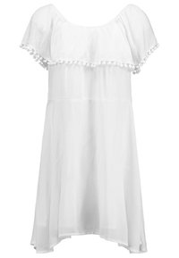 Vestido blanco de manga corta y corte relajado, con capas en varios niveles y una tela texturizada. El dobladillo está adornado con pompones blancos para un toque especial.