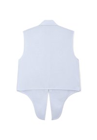 Gilet senza maniche di colore azzurro chiaro con colletto classico e orlo posteriore a forma di V. Realizzato in un tessuto liscio, presenta nessun sistema di chiusura visibile.