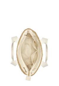 Pleteni slamnat torba z kremasto oblogo. Ima dve čvrste bele naramnice in notranje predelke, vključno s predelkom na zadrgo.