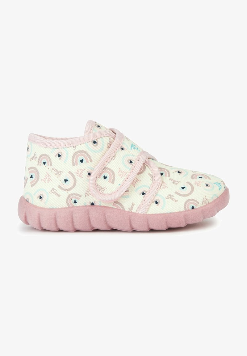 Kleinkinderschlappen mit einem sanften Pastellmuster und pinken Akzenten. Sie verfügen über einen Klettverschluss und eine strukturierte Gummisohle für besseren Halt.