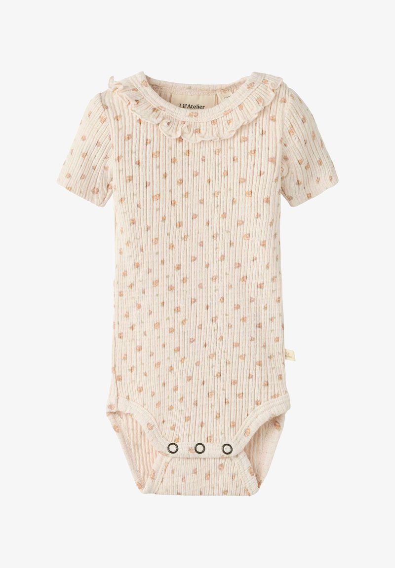 Body bébé beige côtelé à manches courtes, pois roses, col volanté et trois boutons-pression en bas.