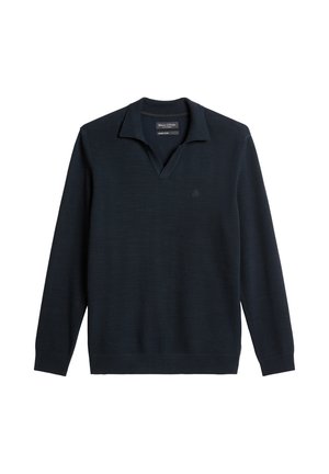 Dunkelmarineblauer, langärmeliger Strick-Polo-Pullover mit offenem V-Ausschnitt, gerippten Bündchen und dezentem Logo auf der Brust.